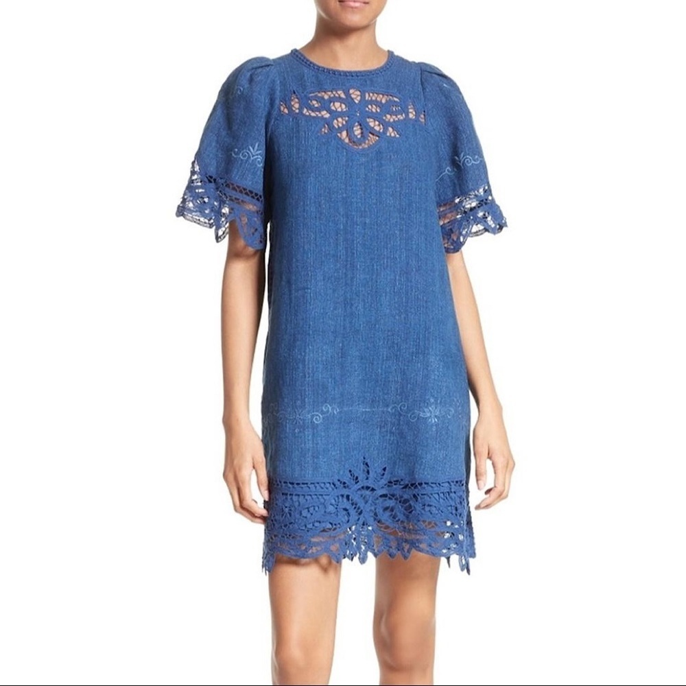 Sea New York Dress Summer Linen Mini Floral Blue Battenberg Puff Sz 4